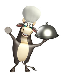 Bull cartoon character with chef hat and cloche
