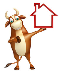 Bull cartoon character with home sign