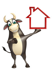 Bull cartoon character with home sign