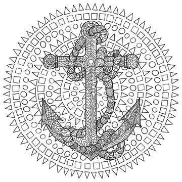 Hand drawn illustration of an anchor and rope. 