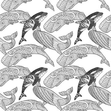 Detailed seamless pattern with whales. 