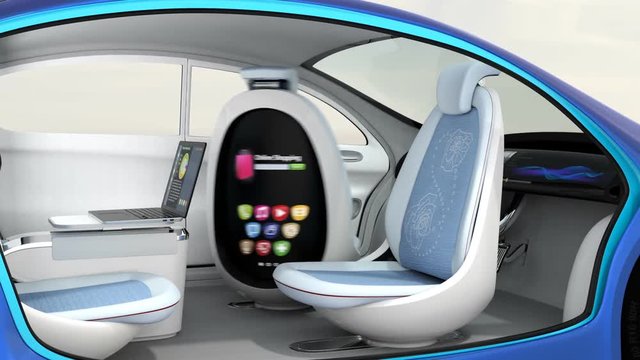 3D animation of autonomous car interior. Rotatable backrest equip with LCD monitor.