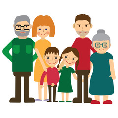 Happy family portrait. Father and mother, son and daughter, grandparents alltogether. Vector illustration.