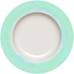 Isolated empty round glazed plate with decorative frame