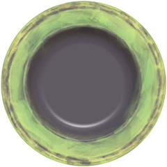 Isolated empty round glazed plate with decorative frame