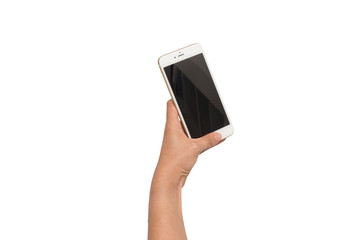 Fototapeta na wymiar Hand holding and Touch on white Smartphone with blank screen /is