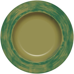 Isolated empty round glazed plate with decorative frame