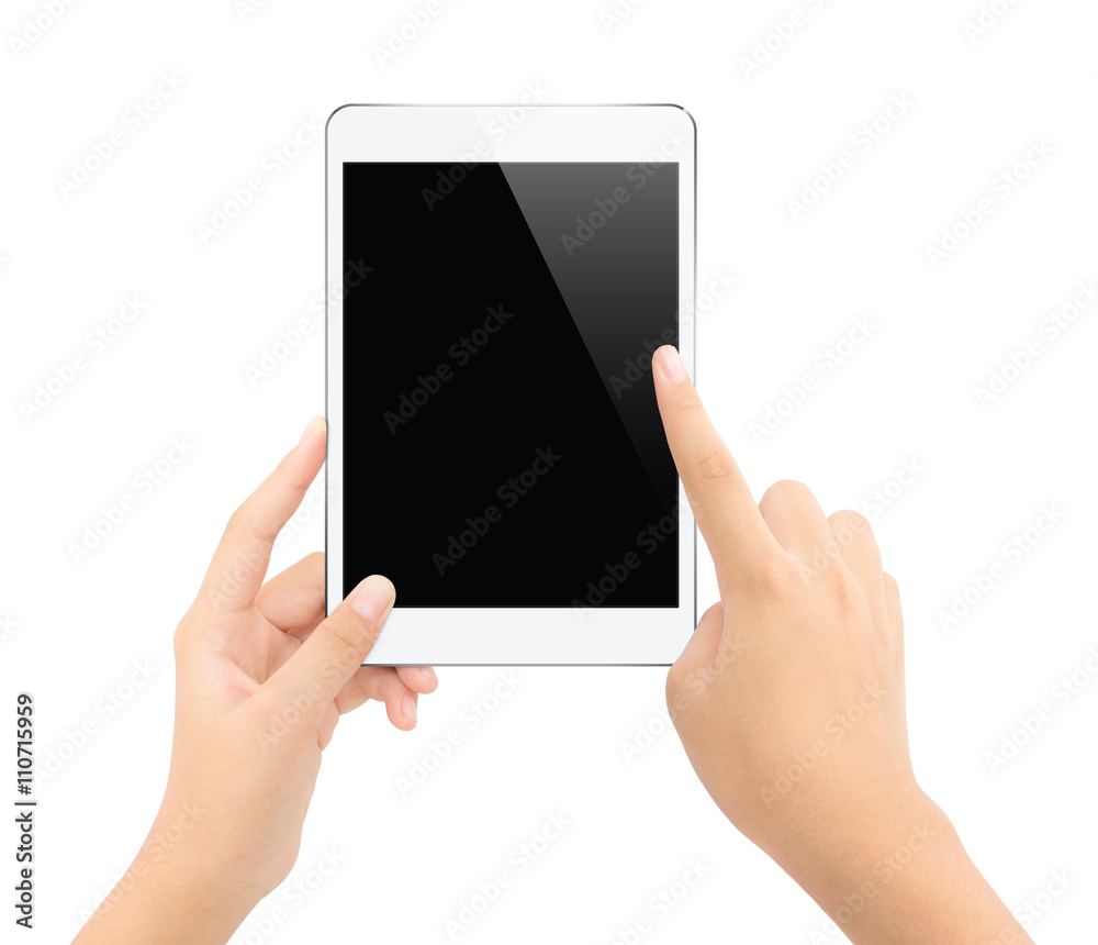 Aufkleber close up hand touching on tablet isolated white clipping path in