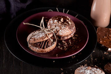 Organic cookies with pieces of chocolate on a plates on old wood