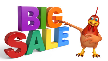 3d rendered illustration of Hen cartoon character with bigsale sign
