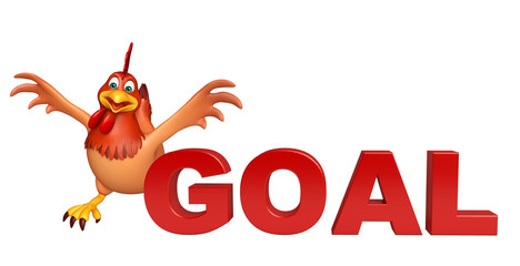 3d rendered illustration of Hen cartoon character with goal sign