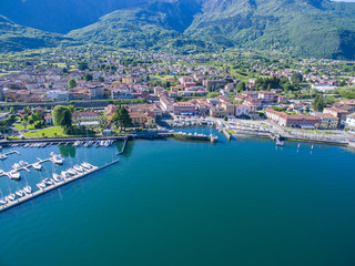 Fototapeta na wymiar Aerial - Lago di Como (IT) - Colico piazza e porto