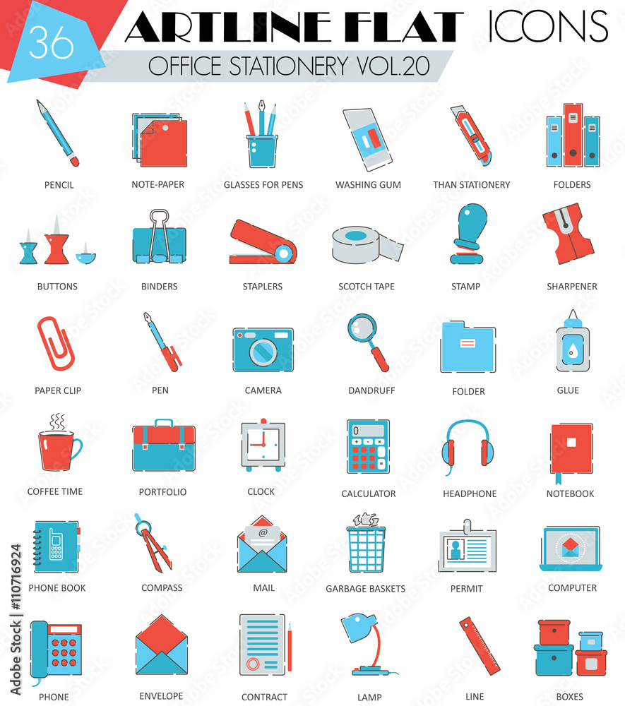 Poster vector office stationery ultra modern outline artline flat line icons for web and apps.