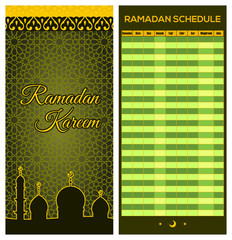 Ramadan Calendar Schedule - Fasting, Iftar and Prayer time table Guide. Translation: Holy Ramadan. Morning, Sunrise, Noon, Afternoon, Evening, Night