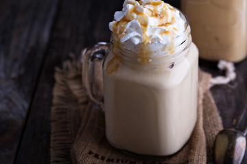 Iced coffee with caramel and whipped cream