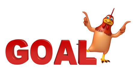 3d rendered illustration of Hen cartoon character with goal sign