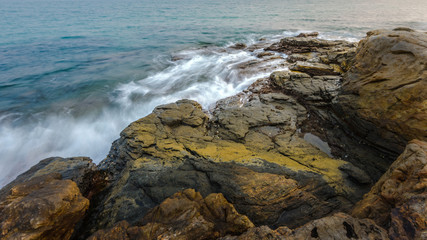 Long exposure shot. Sea scape with stone beach at Thailand