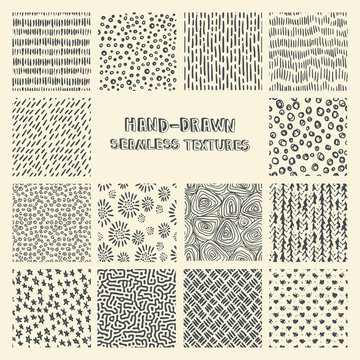 Set of hand drawn marker and ink seamless patterns