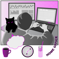 Home office. Programmer and his pet at work. Speech bubble,clock and drink icon set. Pop art style. Vector illustration.