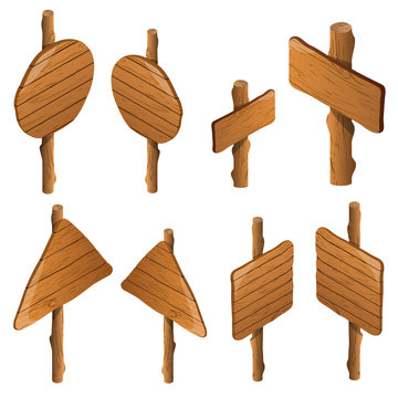 Collection of wooden signs. Isometric view. Vector illustration.