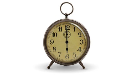 Looping timelapse of vintage clock over 12 hours. Isolated on white background 