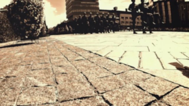 Army marching through the city