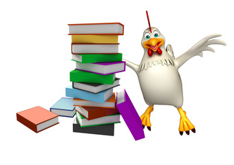 cute Hen cartoon character with books