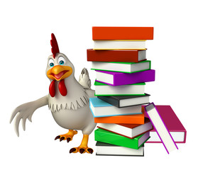 cute Hen cartoon character with books