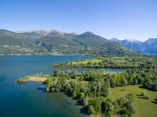 Fototapeta na wymiar Aerial - Lago di Como (IT) - Colico - Trivio di Fuentes - Foce dell'Adda