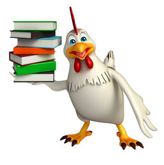 cute Hen cartoon character with books