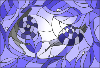 Naklejki  Witraż ilustracja ślimaka na gałęzi na tle nieba i słońca w odcieniach błękitu