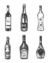 Fototapeta na wymiar Alcoholic drinks in sketch hand drawn style. Alcohol drink for restaurant menu, hand drawn bottle alcohol. Vector illustration