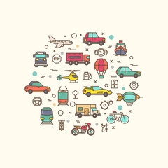 Vehicle and transport icons in circle design. Transportation vector concept with thin line style icons. Vehicle transport composition, bicycle lorry and bus for road travel transport illustration
