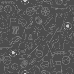 Seamless pattern on the theme of summer sports, simple icons bright outline on a dark background