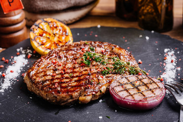 Juicy Beef rump steak from marble beef medium rare with spices a