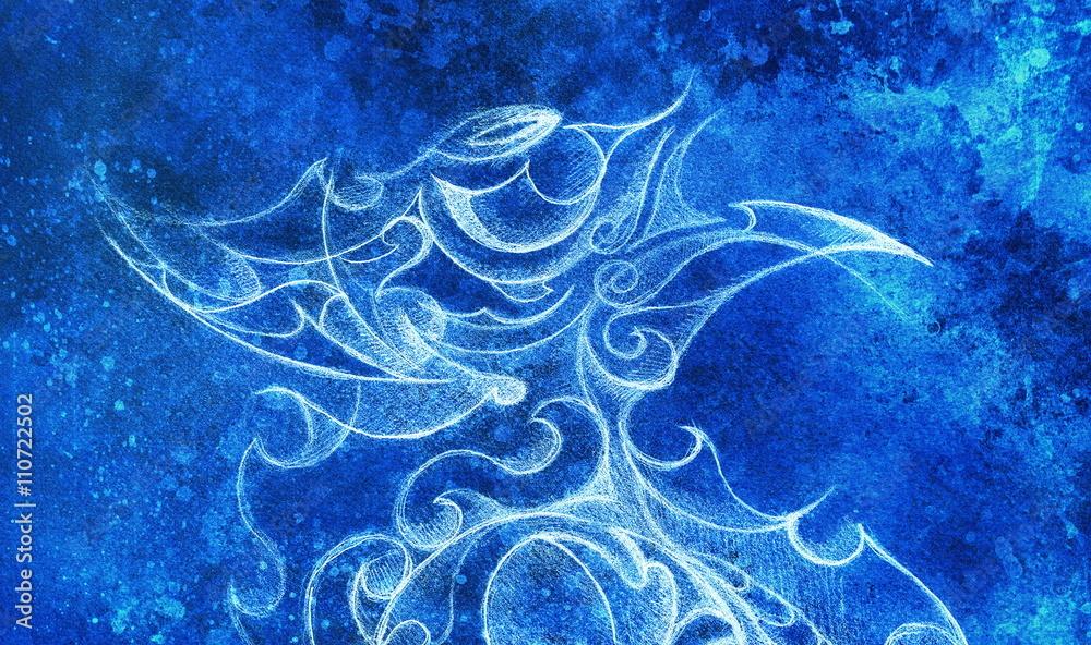 Poster ornamental filigran drawing with frozen winter time feelingt, spiral and abstract linear structure pattern Color effect and Computer collage.