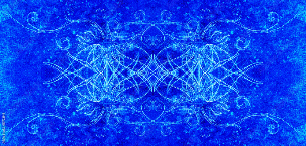 Poster ornamental filigran drawing with frozen winter time feelingt, spiral and abstract linear structure pattern Color effect and Computer collage.