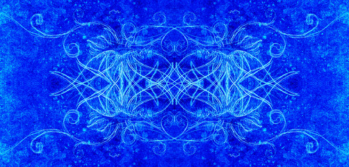 ornamental filigran drawing with frozen winter time feelingt, spiral and abstract linear structure pattern Color effect and Computer collage.