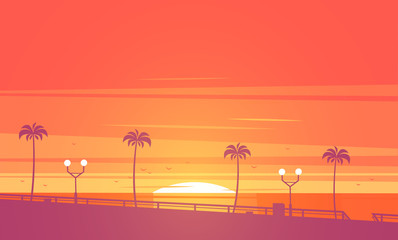 Sunset beach. Vector illustration.