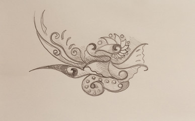 Ornamental Drawing. Original hand draw and computer collage. Color structure.