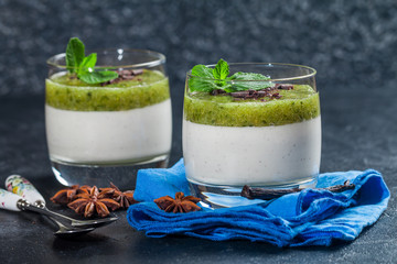 Fruit dessert green panna cotta