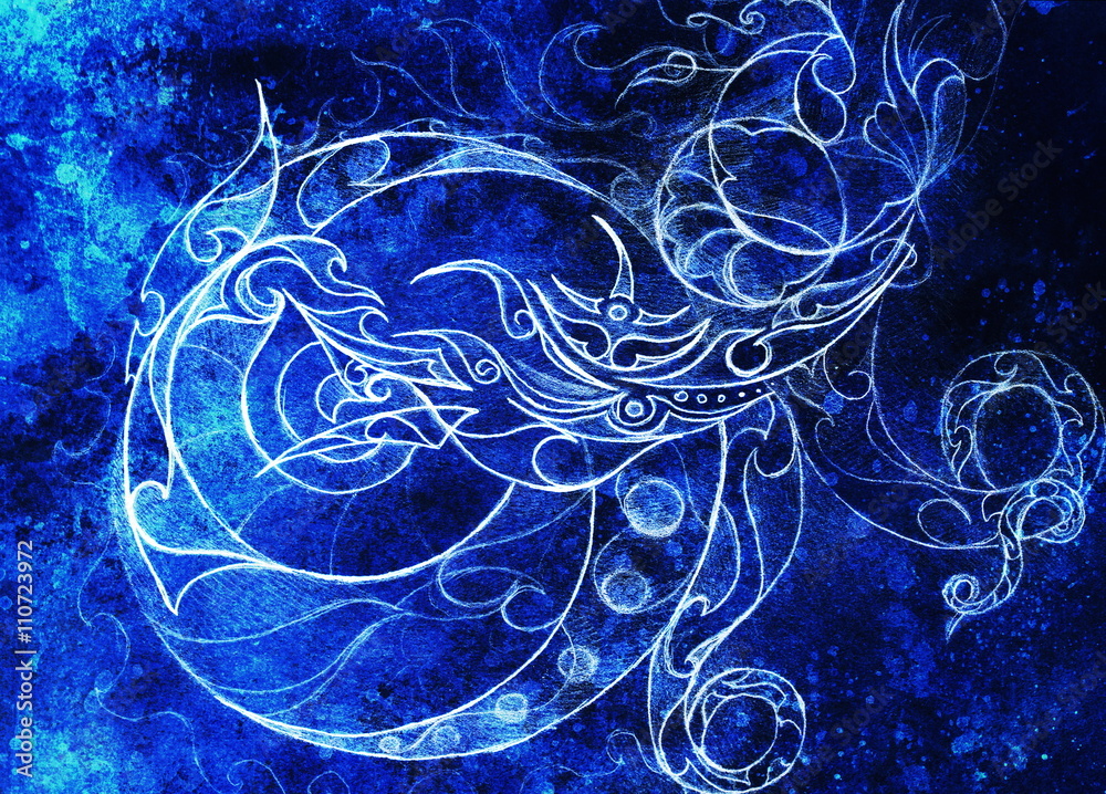 Poster ornamental filigran drawing with frozen winter time feelingt, spiral and abstract linear structure pattern Color effect and Computer collage.