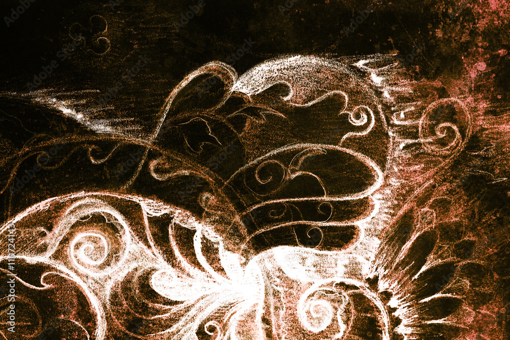 Poster ornamental filigran drawing on paper with spirals, flower petals and flame structure pattern, color 