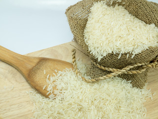 rice in sack on choping broad