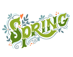 Spring. Hand drawn vintage lettering with floral decoration elem