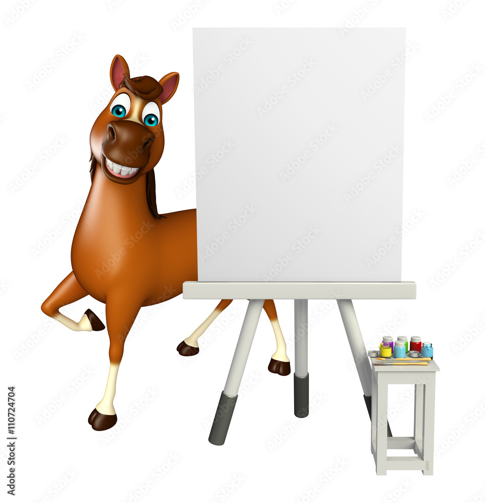 Poster Horse cartoon character with easel board