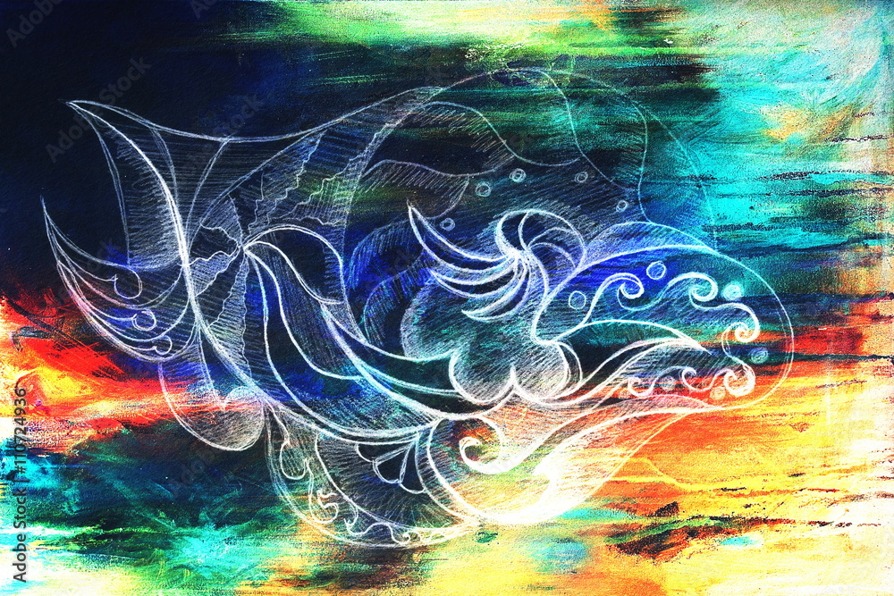 Aufkleber Ornamental Drawing. Original hand draw and computer collage. Color structure.