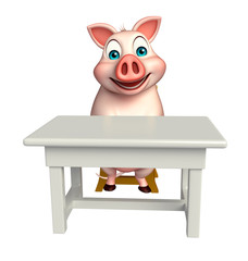  Pig cartoon character with table and chair
