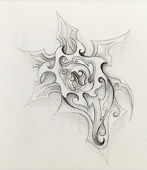 Ornamental Drawing. Original hand draw and computer collage. Color structure.