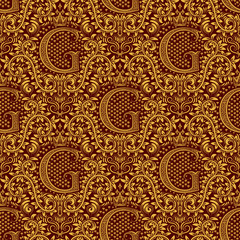Damask seamless pattern repeating background. Golden maroon floral ornament with G letter and crown in baroque style. Antique golden repeatable wallpaper.